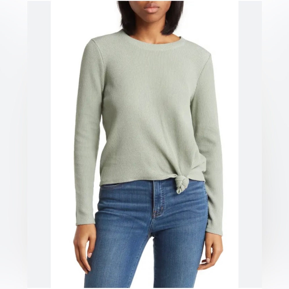Madewell Womens Shirt Small Sage Green Elwood Front Knot Top Long Sleeve Ribbed